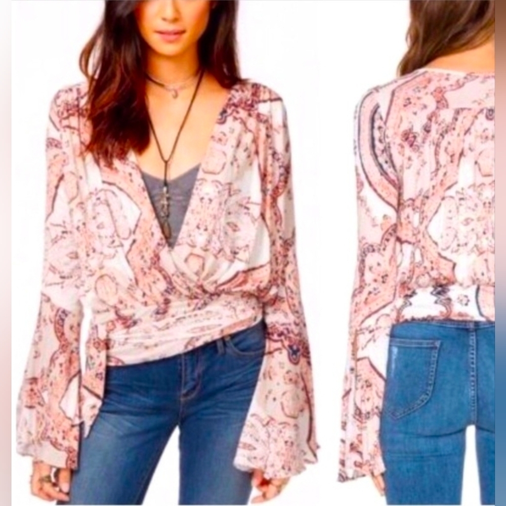 FREE PEOPLE Women's FIONA PAISLEY PRINT WRAP LONG SLEEVE TOP IVORY COMBO L
